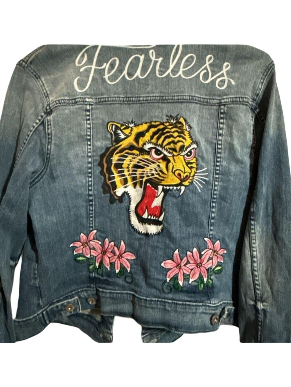 Torrid Fearless Embroidered Tiger Floral Denim Trucker Jacket Medium Wash Plus - Picture 6 of 16